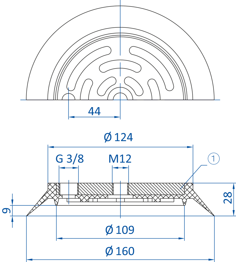 Размеры плоской вакуумной присоски FIPA серии SFPL-D 152.160.127